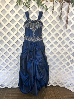Sparkle Navy Blue Formal Gown Beaded Corset Ruched Ballgown Dress Size 6